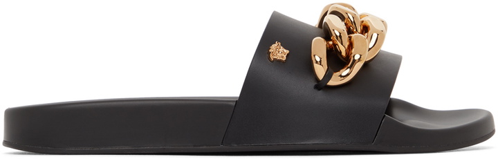 Photo: Versace Black Leather Medusa Chain Pool Slides