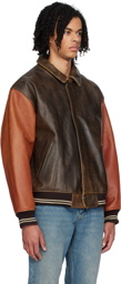 GUESS USA Brown & Orange Varsity Leather Bomber Jacket