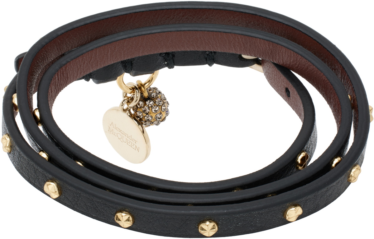 McQueen Black Hammered Studs Double-Wrap Bracelet