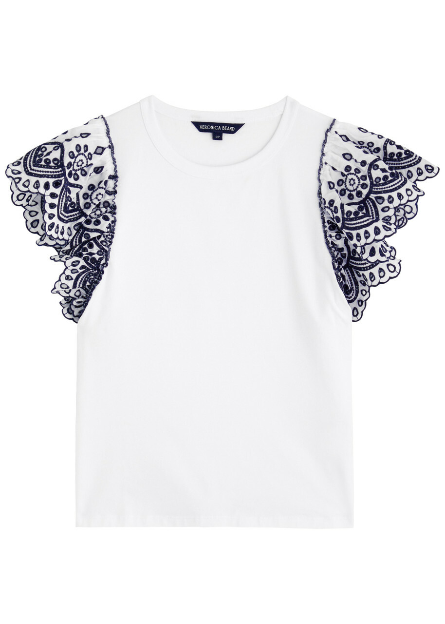 Veronica Beard Julianka Ruffled Stretch-cotton top White And Blue