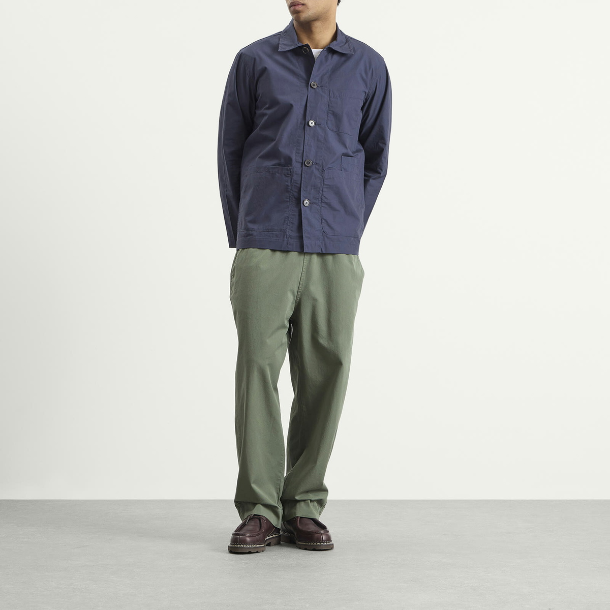 Universal Works Men's Peached Poplin Bakers Overshirt in Navy