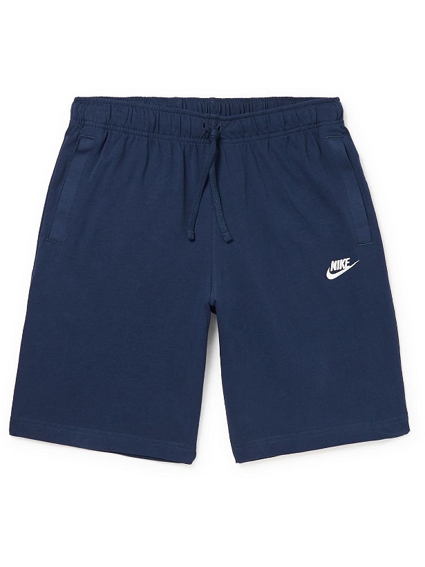 Photo: Nike - Straight-Leg Logo-Embroidered Cotton-Jersey Drawstring Shorts - Blue