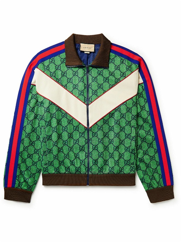 Photo: GUCCI - Striped Webbing-Trimmed Monogrammed Tech-Jersey Track Jacket - Green