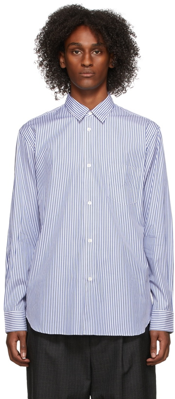 Photo: Comme des Garçons Homme Blue & White Stripe Stylized Logo Shirt