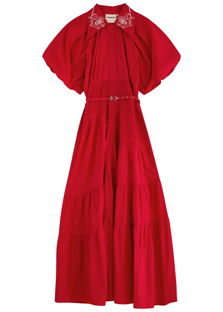Lovebirds Tiered Belted Cotton Midi Shirt Dress Red