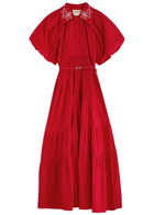 Lovebirds Tiered Belted Cotton Midi Shirt Dress Red