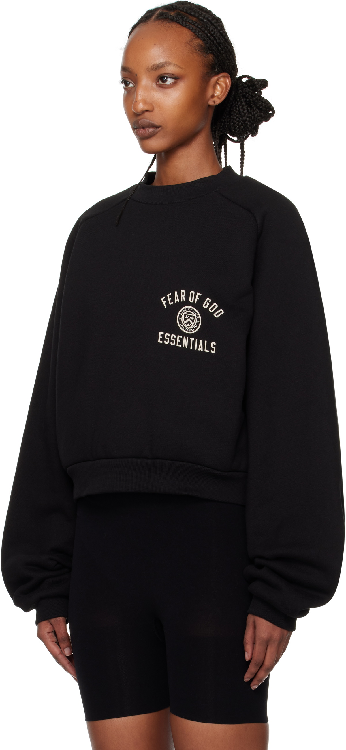 FEAR OF GOD ブラックオーバーラップニット Fear of God ESSENTIALS Black Fleece Cropped Crewneck Sweatshirt