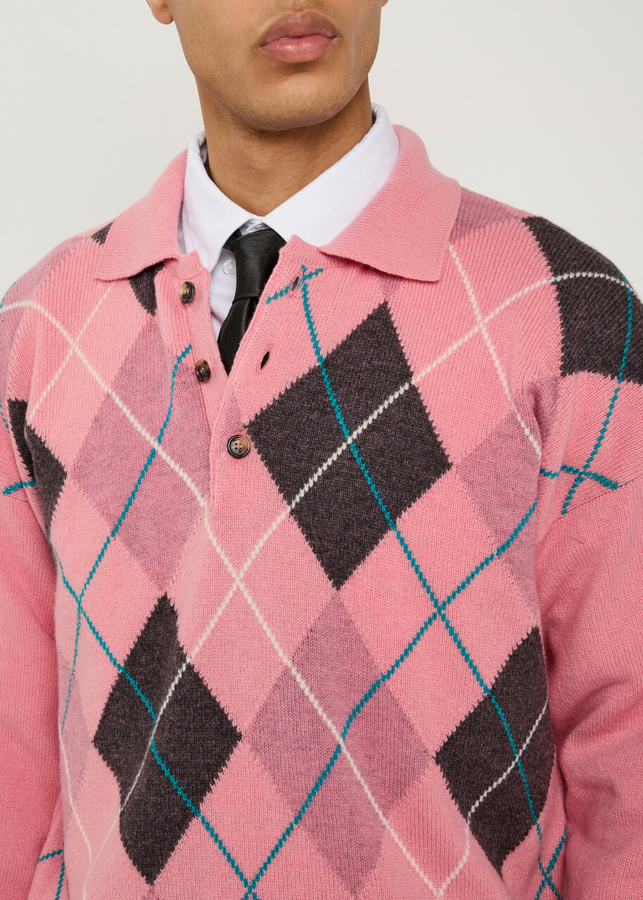 JW Anderson Pringle Argyle Wool Polo Jumper Pink