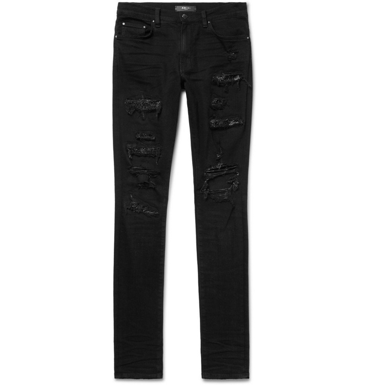 Photo: AMIRI - Crystal Thrasher Skinny-Fit Embellished Distressed Stretch-Denim Jeans - Men - Black