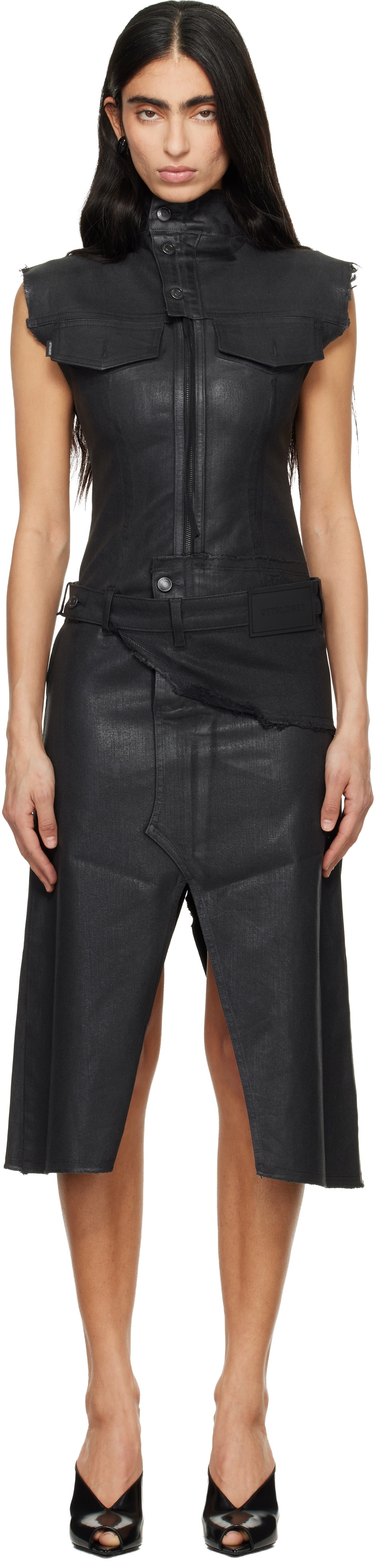 Ottolinger Black Glazed Denim Belted Midi Dress