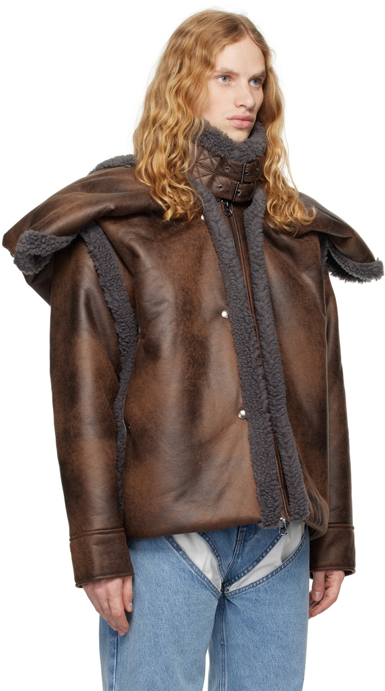 Y/Project Brown & Gray Snap Off Panel Hood Aviator Faux-Leather Jacket