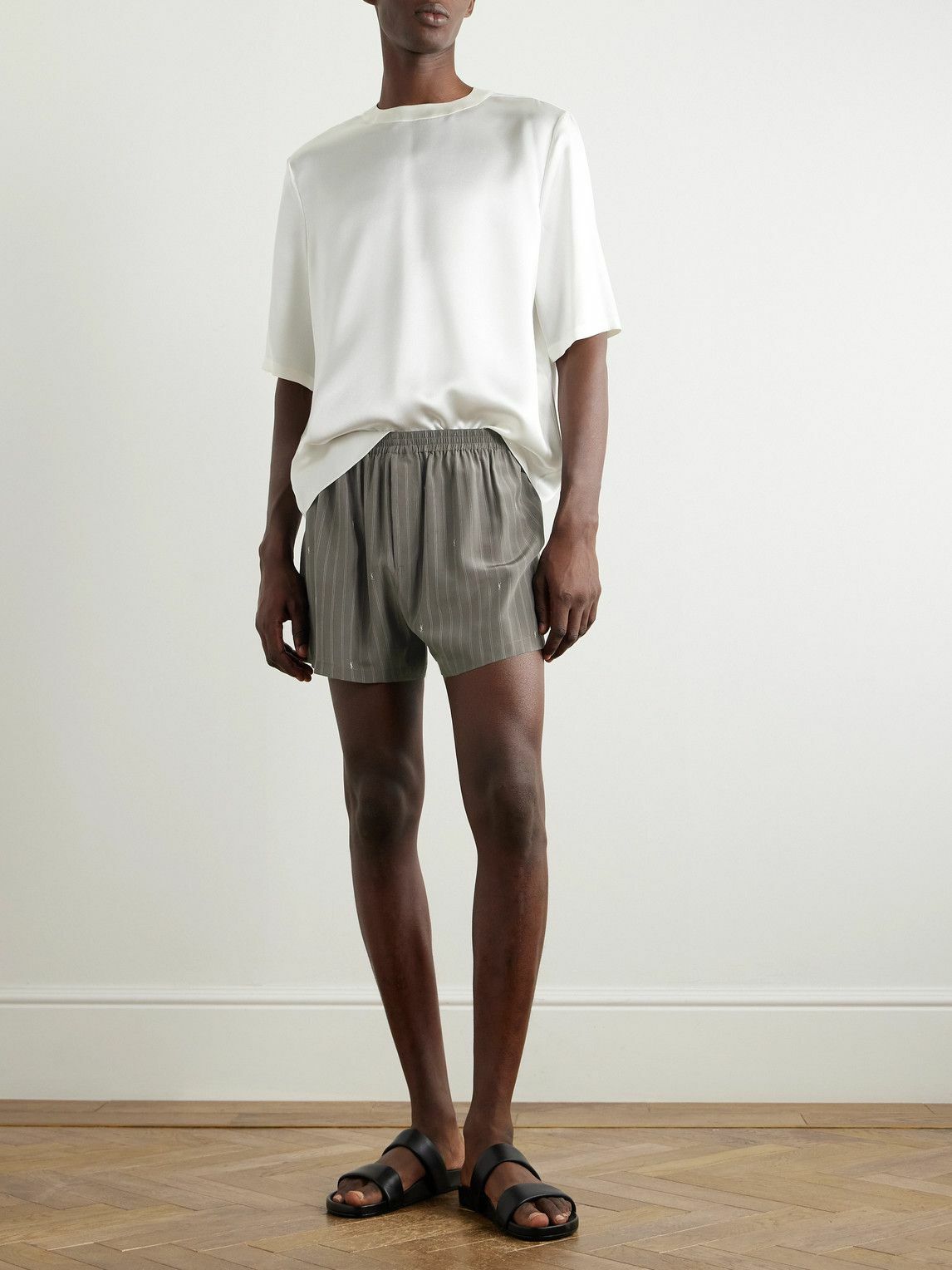 SAINT LAURENT - Straight-Leg Logo-Print Pinstriped Silk Shorts - Gray