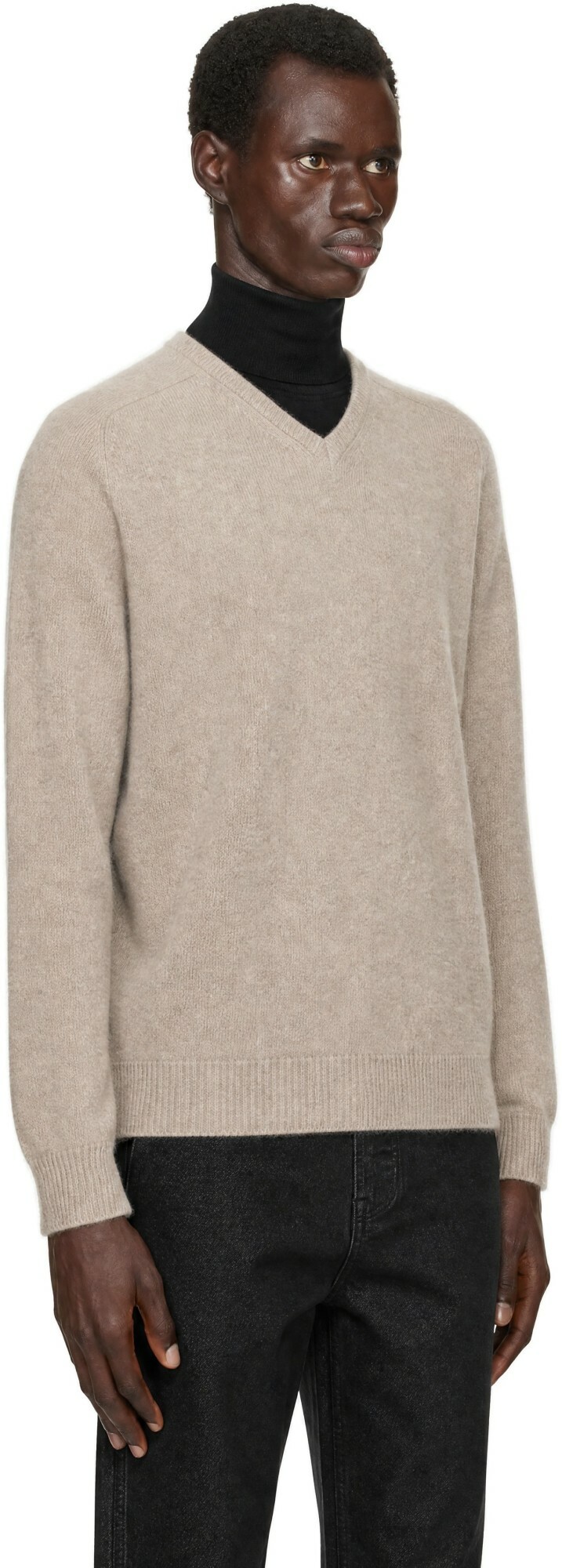 AMOMENTO Beige Racoon V-Neck Sweater