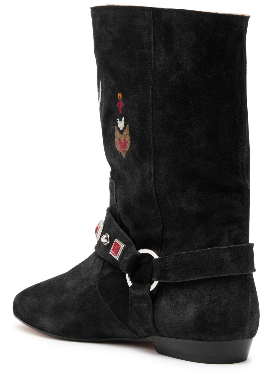 Isabel Marant étoile Siani Embroidered Suede Mid-calf Boots Dark Grey