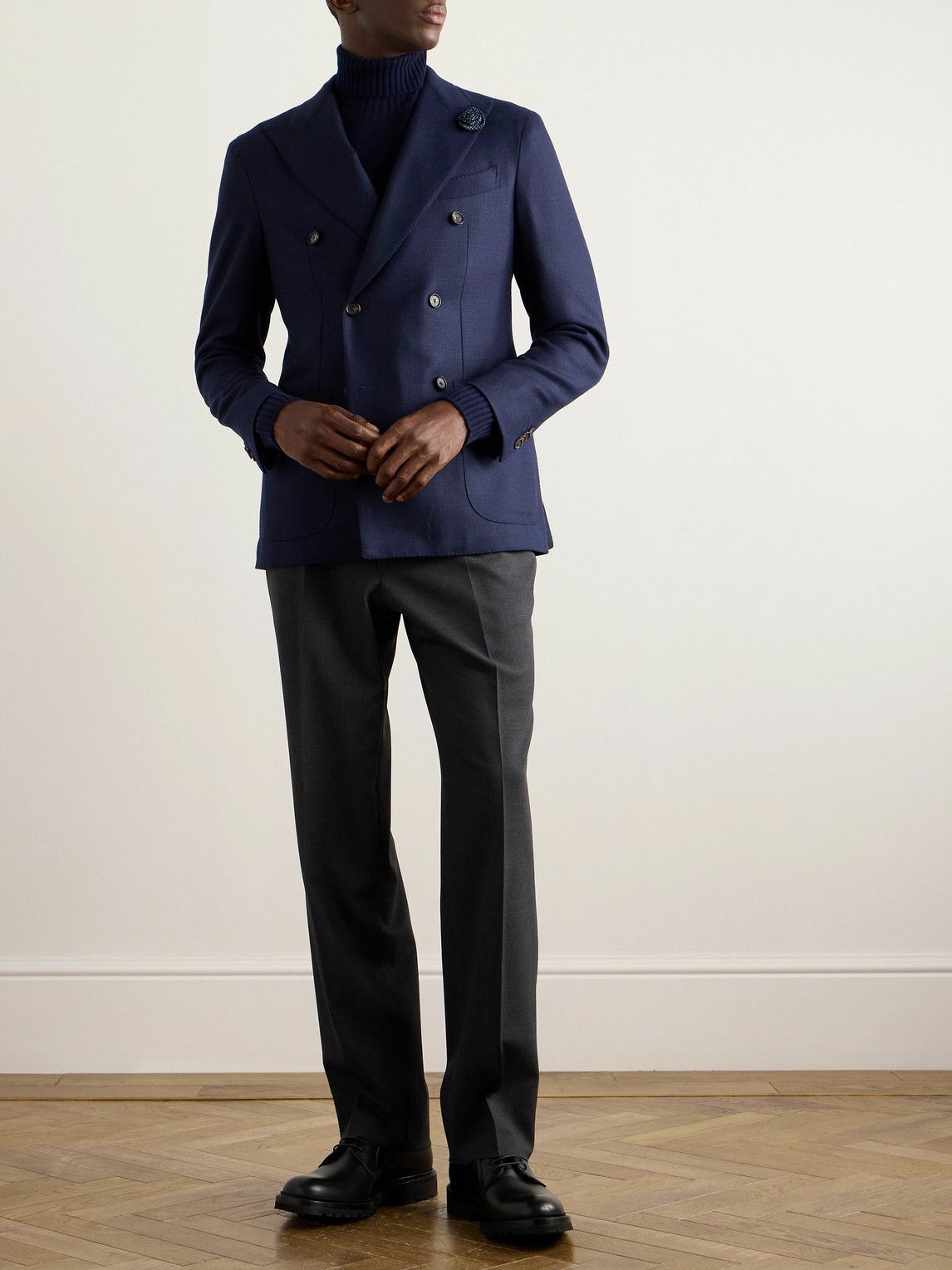 Caruso - Double-Breasted Wool-Tweed Blazer - Blue