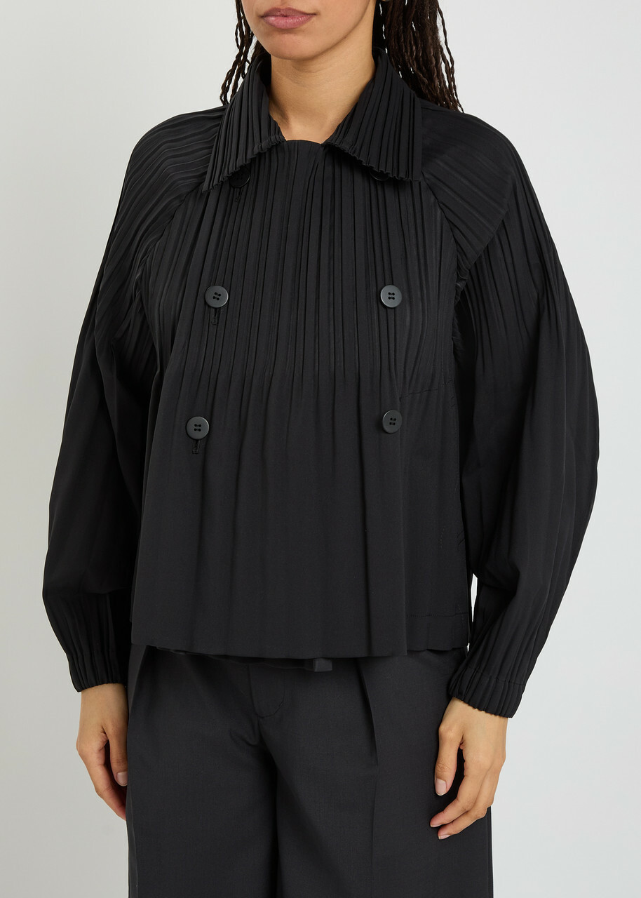 Pleats Please Issey Miyake Double-breasted Pleated Woven Coat Black