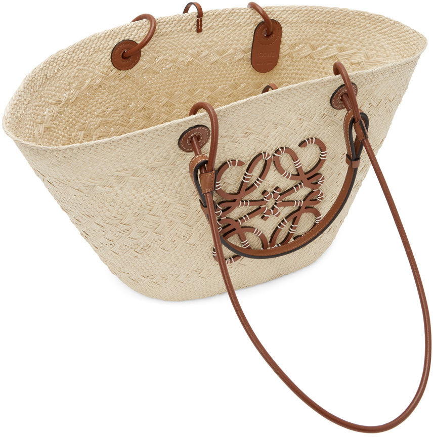 Beige Anagram small leather-trimmed woven basket bag, LOEWE