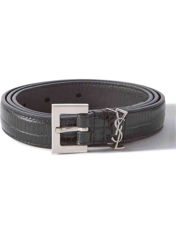 Photo: SAINT LAURENT - Logo-Embellished Lizard-Effect Leather Belt - Black