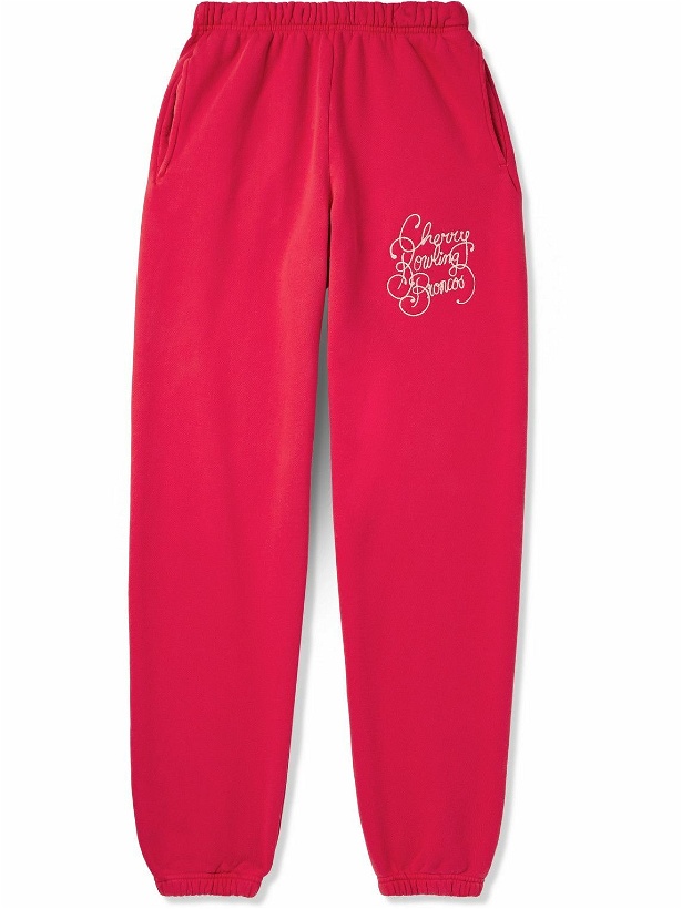 Photo: Cherry Los Angeles - Bowling Broncos Tapered Logo-Embroidered Cotton-Jersey Sweatpants - Red