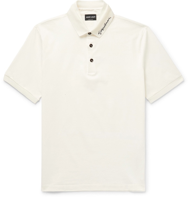 Photo: Giorgio Armani - Slim-Fit Logo-Embroidered Stretch-Cotton Piqué Polo Shirt - White