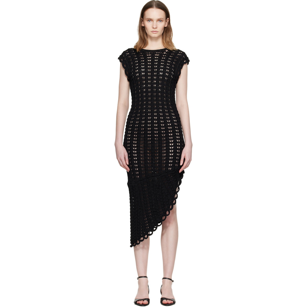 Loulou de Saison Black Malena Ruffled Crochet Midi Dress