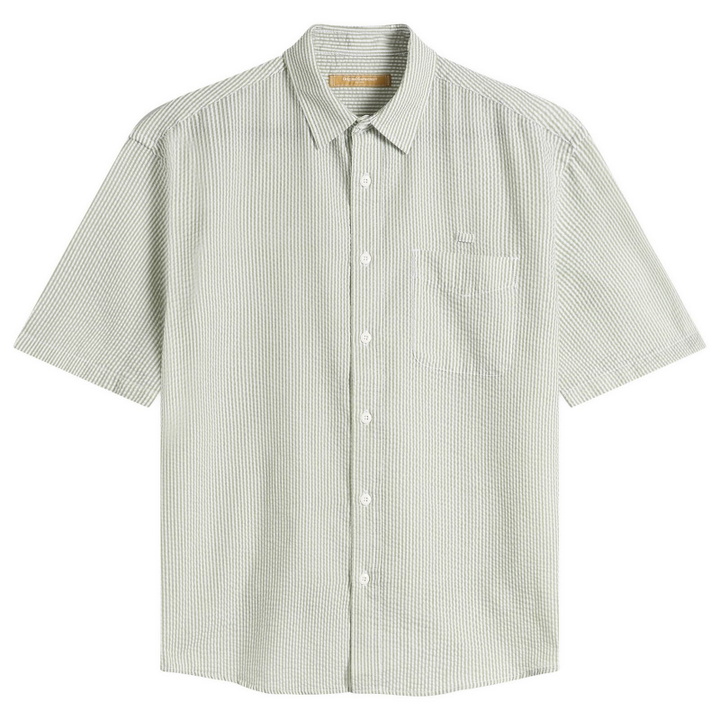 Photo: FrizmWORKS Men's OG Stripe Seersucker Short Sleeve Shirt in Green