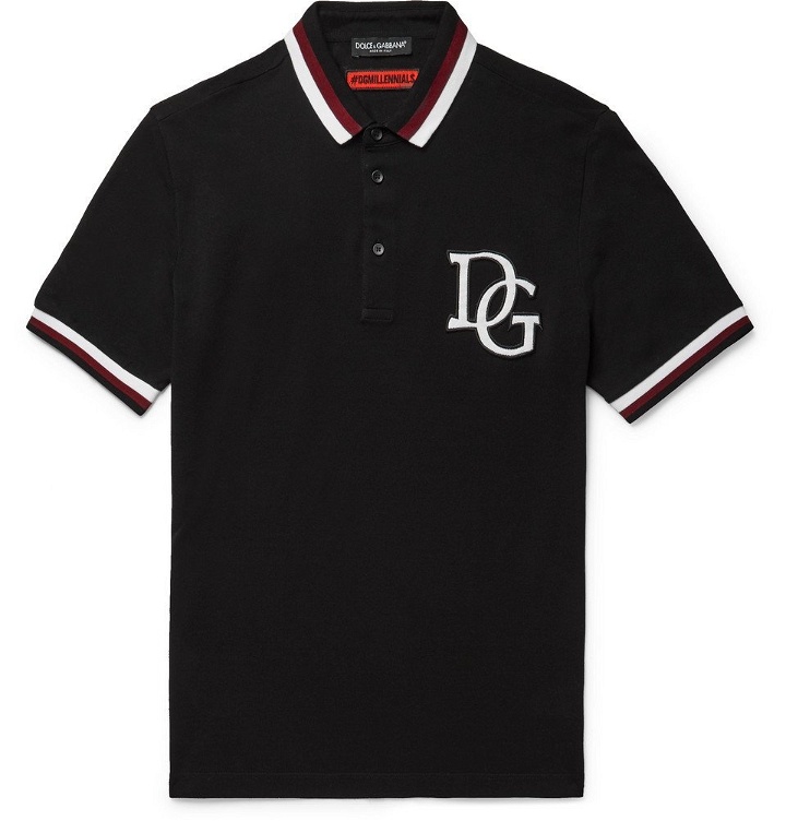 Photo: Dolce & Gabbana - Stripe-Trimmed Appliquéd Cotton-Piqué Polo Shirt - Men - Black