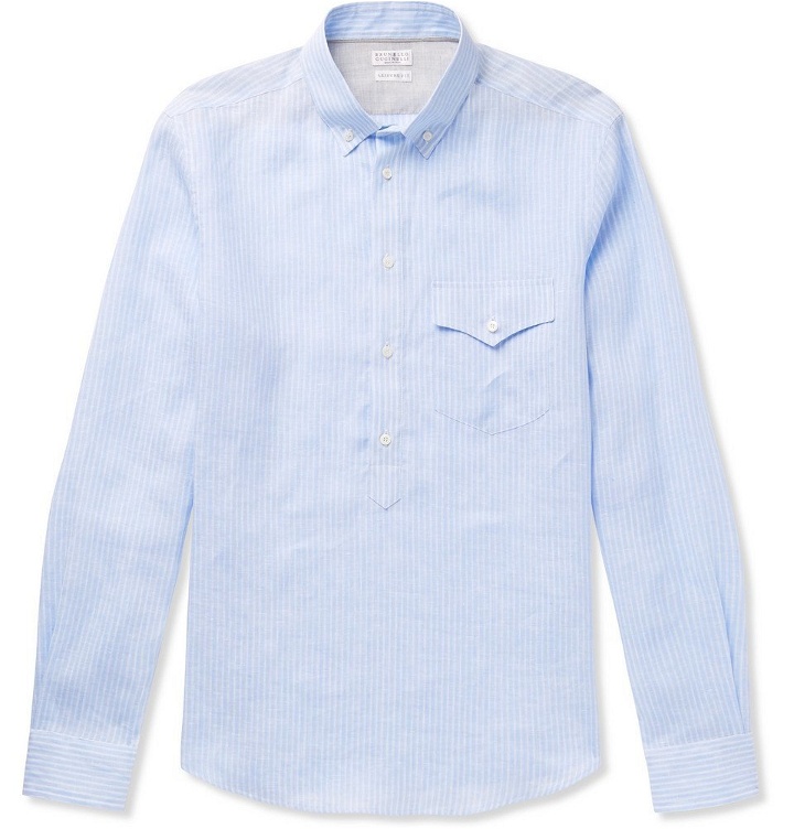 Photo: Brunello Cucinelli - Button-Down Collar Striped Linen Half-Placket Shirt - Men - Blue