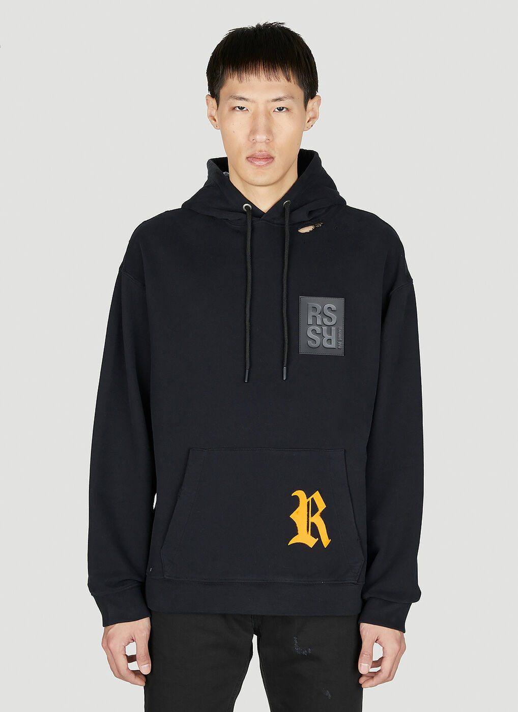 Raf Simons - Destroyed Logo Patch Hooded Sweatshirt in Black Raf ...