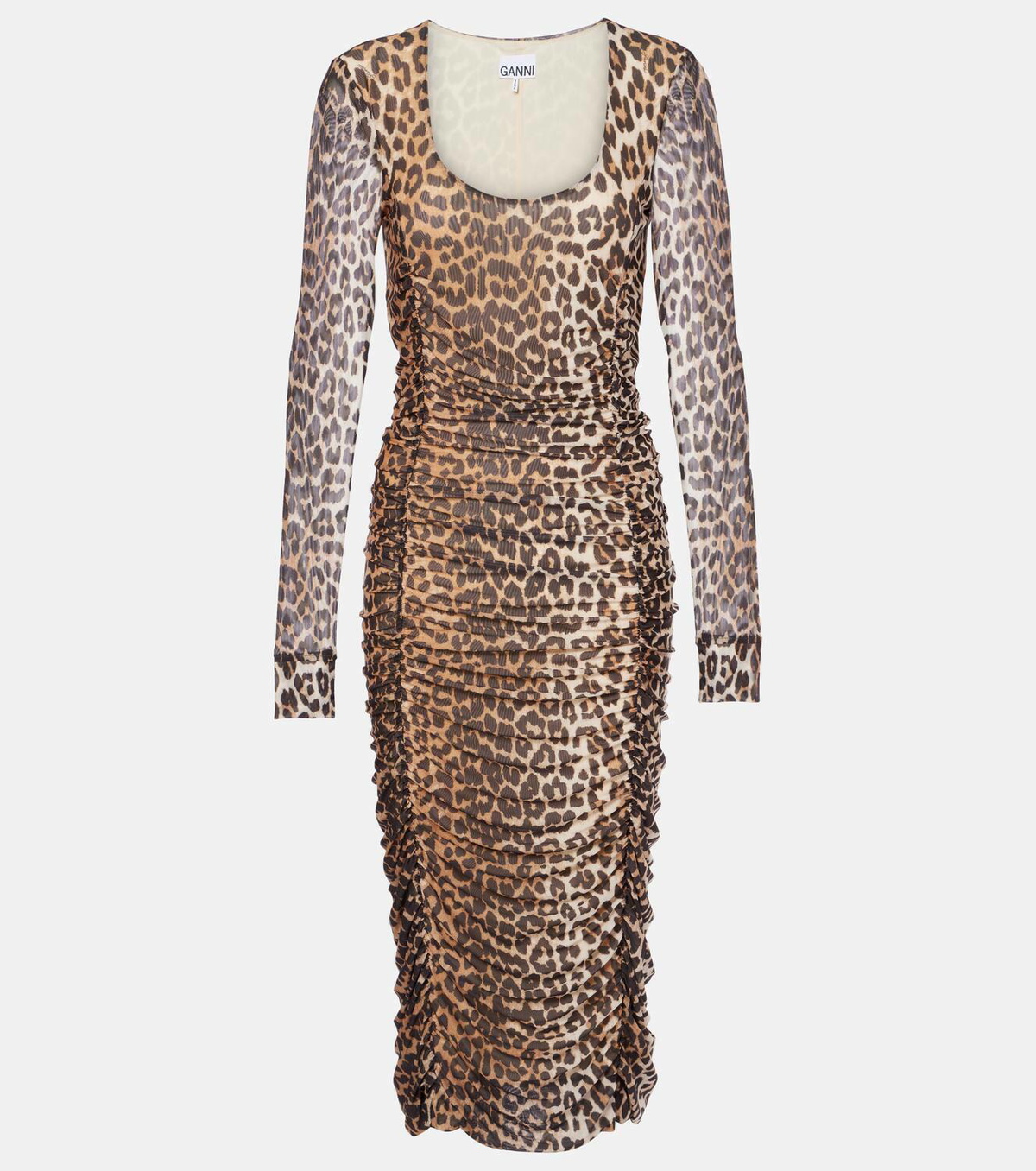 Ganni Leopard-print ruched mesh midi dress GANNI