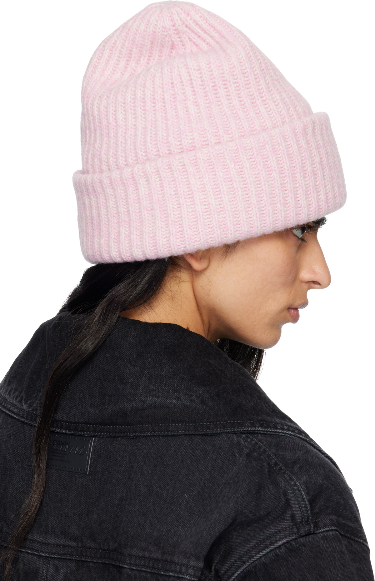 GANNI Pink Oversized Wool Rib Knit Beanie