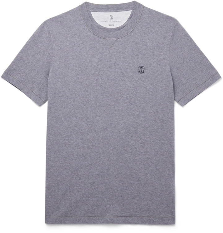 Photo: Brunello Cucinelli - Logo-Embroidered Mélange Cotton-Jersey T-Shirt - Gray