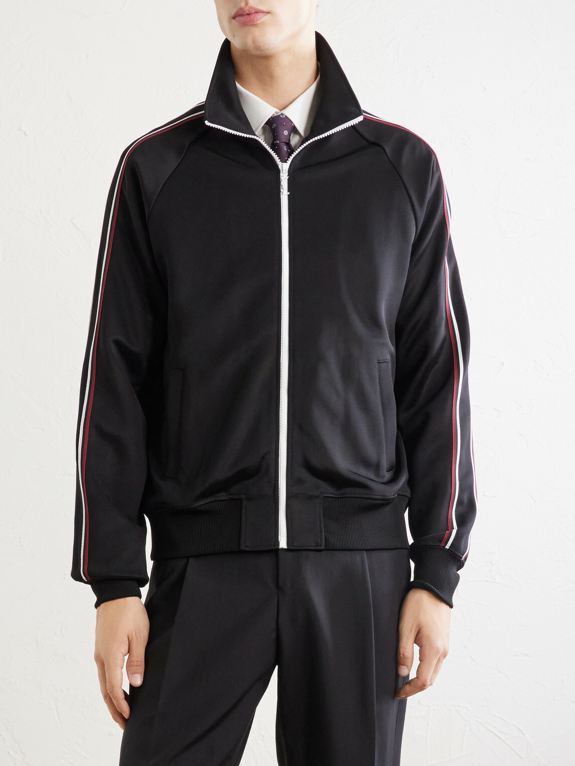SAINT LAURENT - Logo-Detailed Striped Stretch-Jersey Zip-Up Sweatshirt - Black