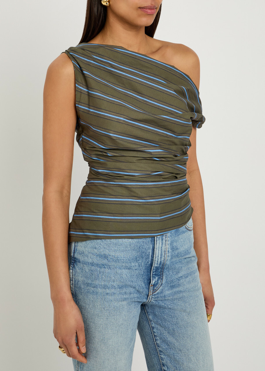 Staud Phare Striped Asymmetric Stretch-cotton top Grey