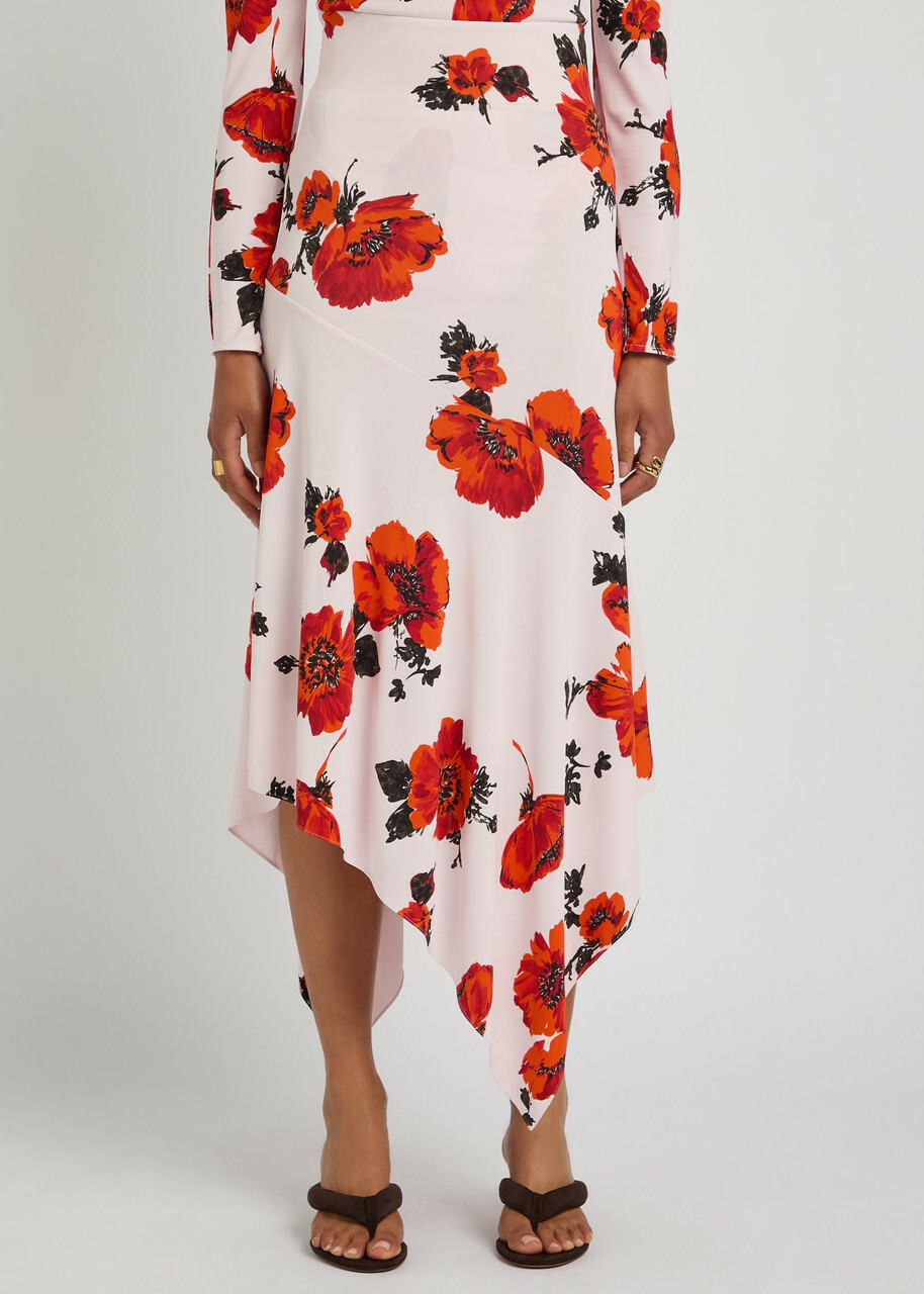 Alaïa Floral-print Asymmetric Jersey Midi Skirt Red