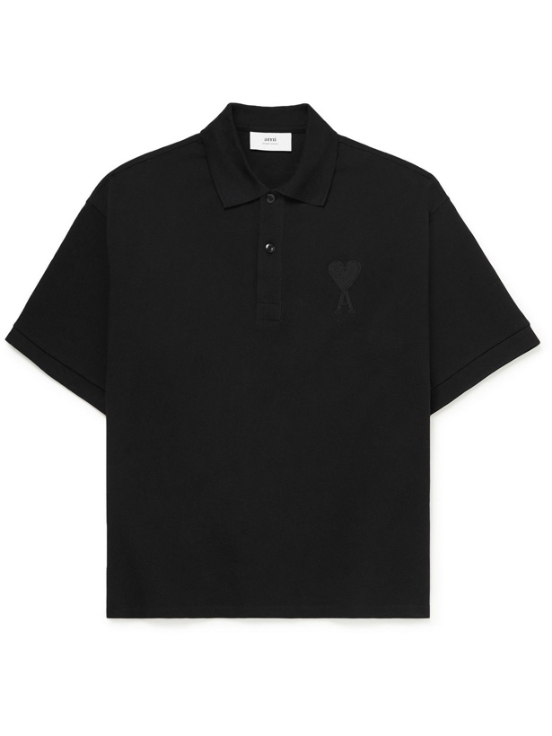 Photo: AMI PARIS - Logo-Appliquéd Cotton-Piqué Polo Shirt - Black