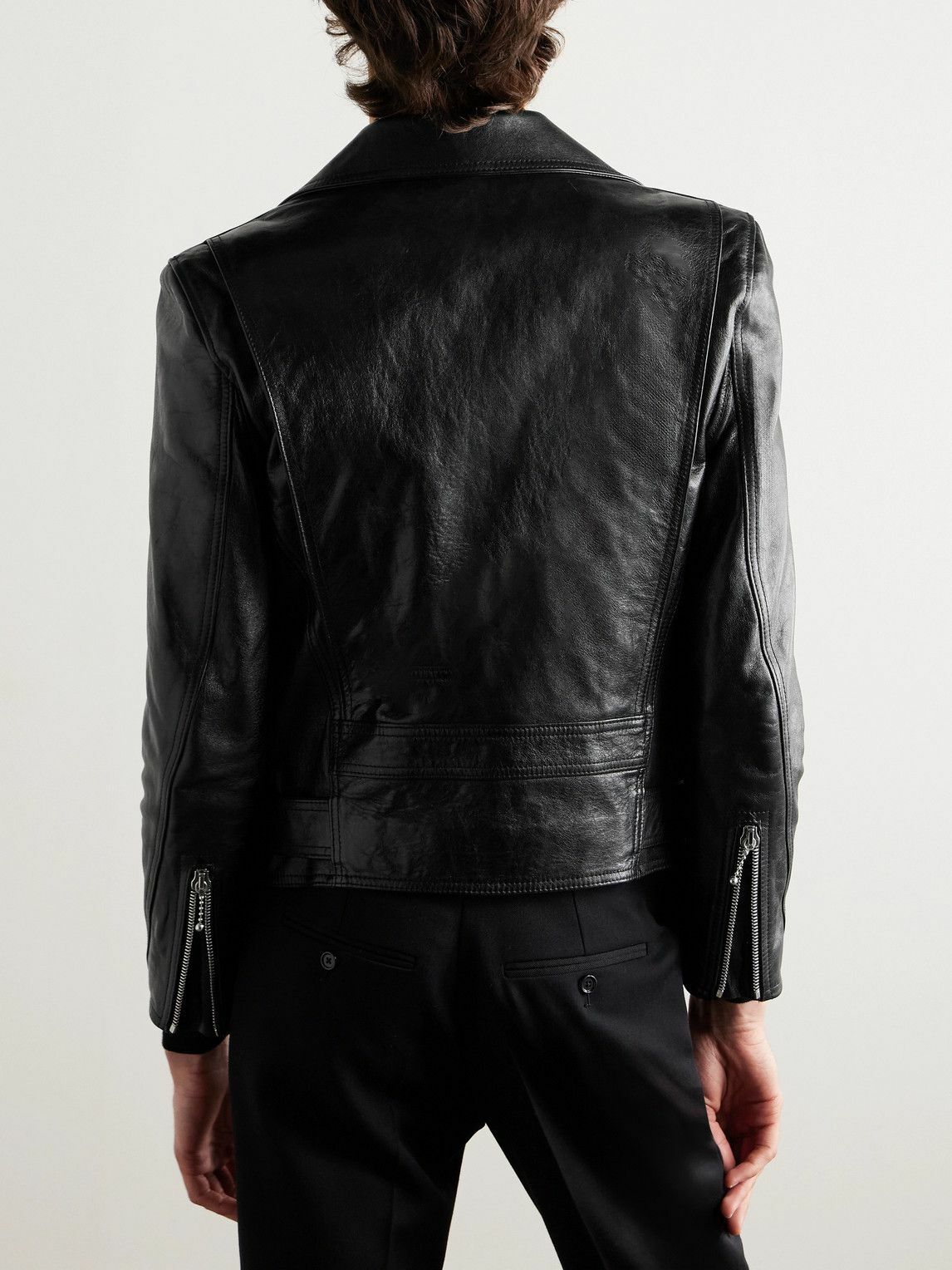 CELINE - Slim-Fit Studded Belted Leather Biker Jacket - Black