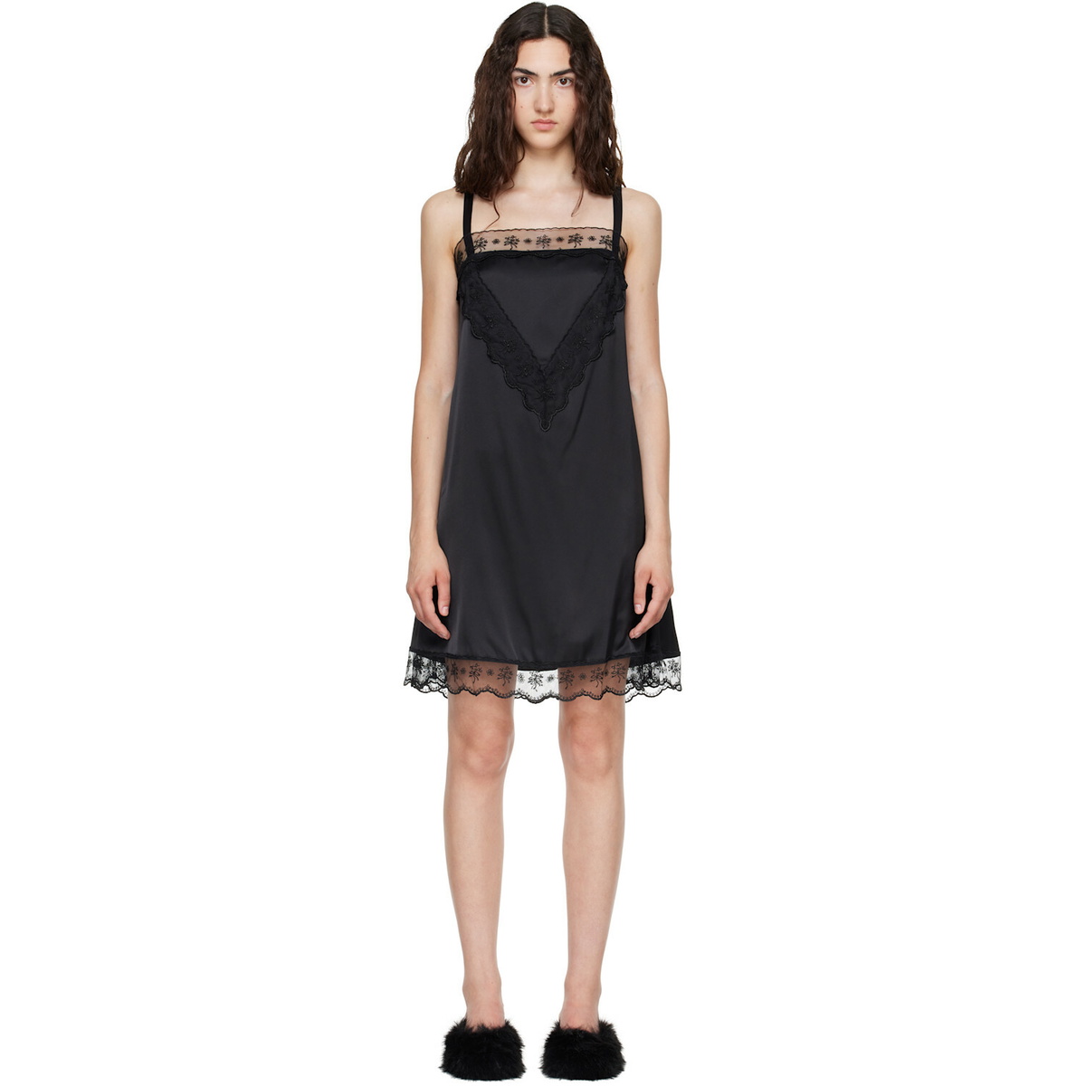 Simone Rocha Black Square Neck Lace Trim Minidress