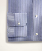 Brooks Brothers Men's Stretch Milano Slim-Fit Dress Shirt, Non-Iron Poplin Button-Down Collar Ground Stripe | Blue