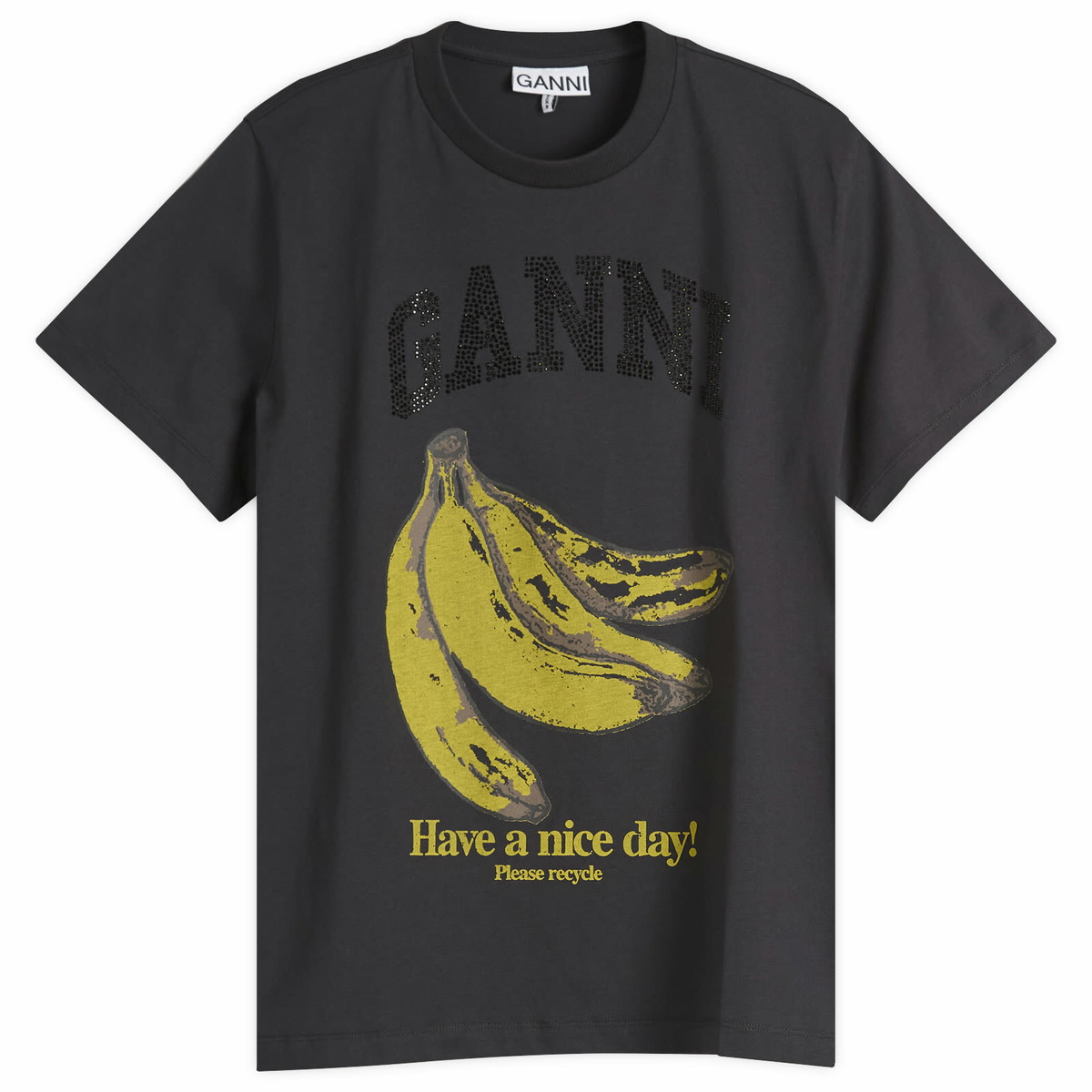 GANNI ロコティテルTシャツ T41773683 252 Ganni Logo Crystal-embellished Cotton T-shirt Dark Grey GANNI