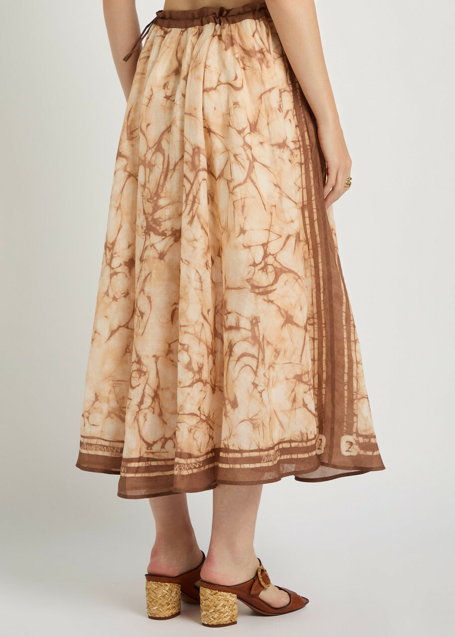 Zimmermann Indra Printed Rami Midi Skirt Brown