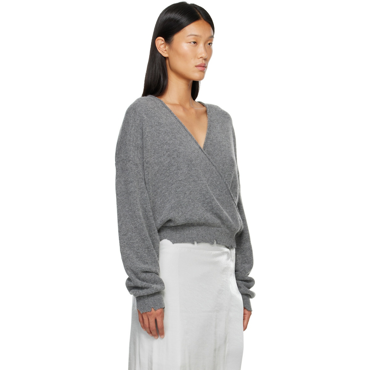 OPEN YY Gray Wool Criss Cross Wrap Knit Sweater