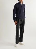 Zegna - Leather-Trimmed Waffle-Knit Wool and Cashmere Half-Zip Sweater - Blue