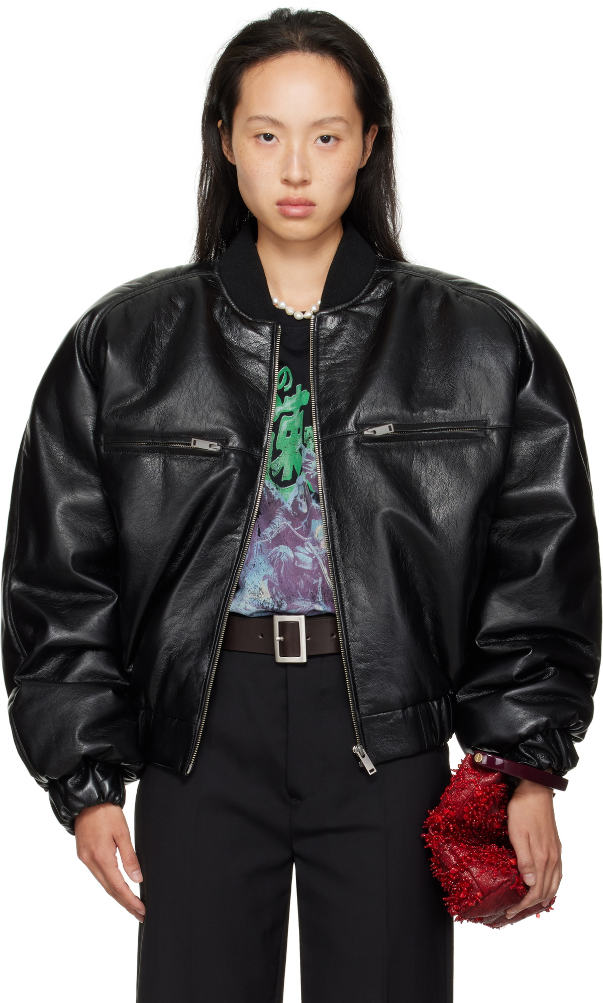 LU'U DAN Black Riot Faux-Leather Bomber Jacket
