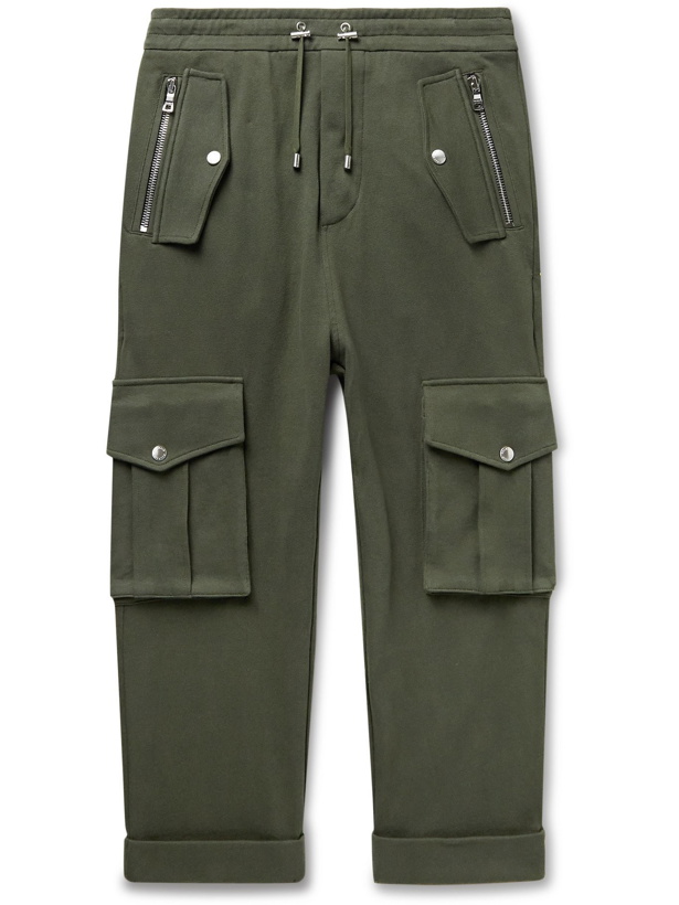 Photo: BALMAIN - Tapered Cotton-Jersey Drawstring Cargo Trousers - Green