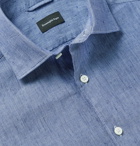 ERMENEGILDO ZEGNA - Cutaway-Collar Mélange Slub Linen and Cotton-Blend Shirt - Blue