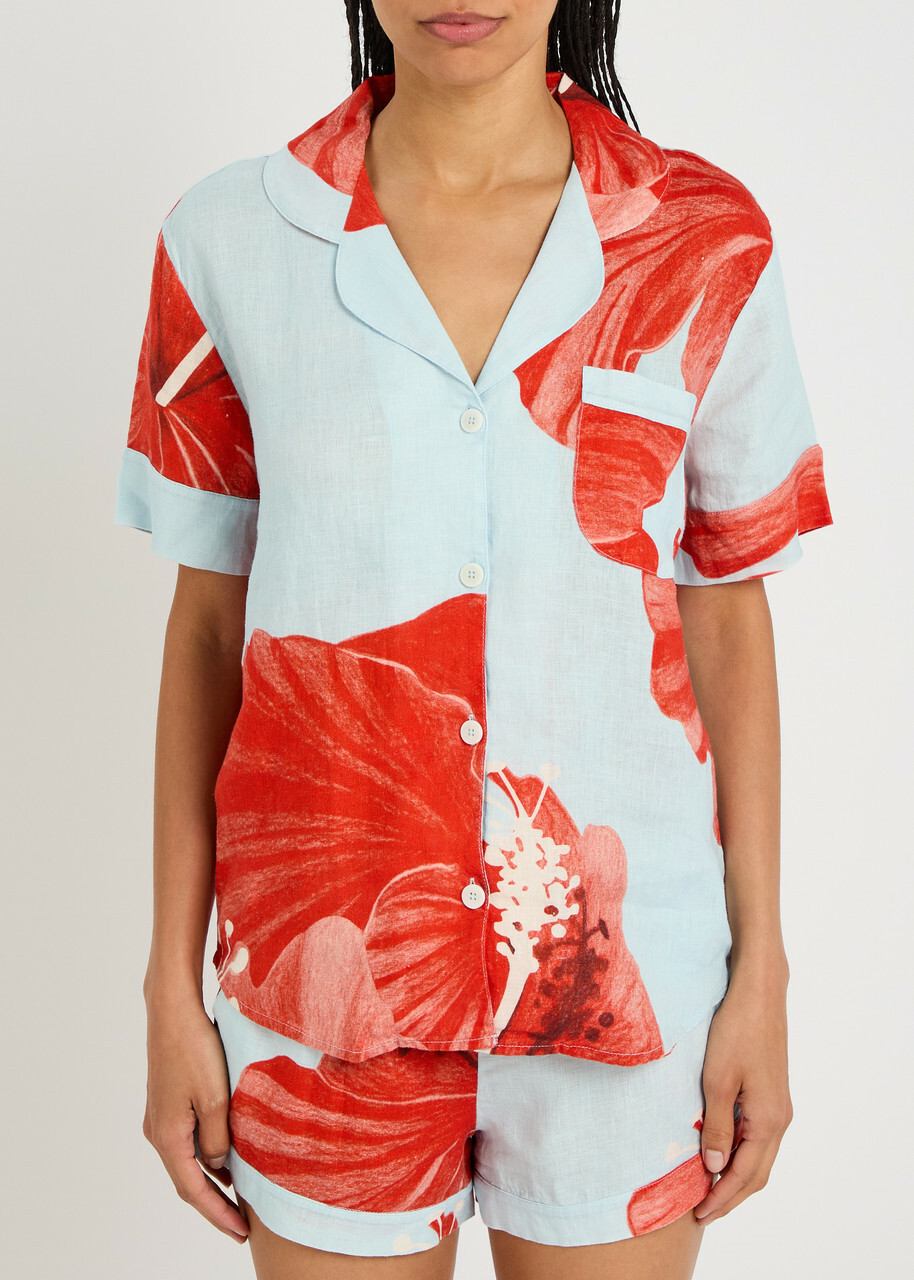 Desmond & Dempsey Floral-printed Linen Pyjama set Red