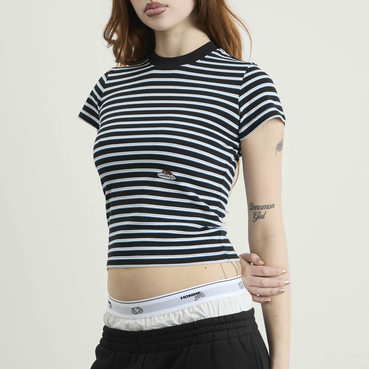 Hommegirls Women's x Fruit of the Loom Striped Baby T-Shirt in Baby Blue