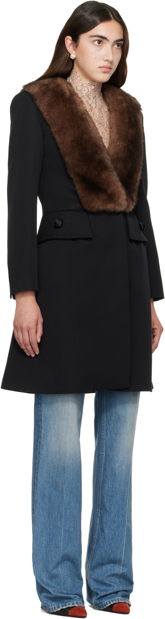 Valentino Black Shearling Collar Coat