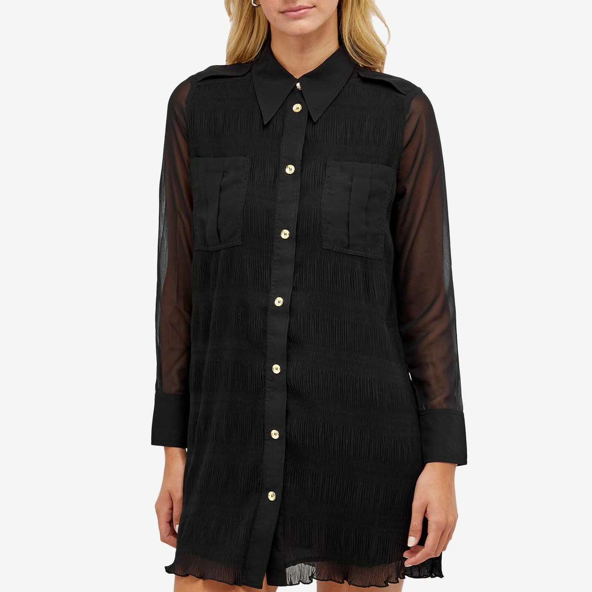 GANNI Women's Pleated Georgette Shirt Dress in Black GANNI GANNI Women's Pleated Georgette Shirt Dress in Black GANNI